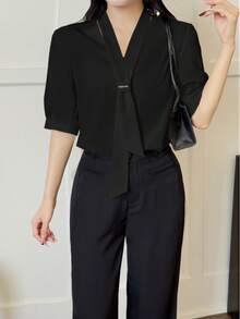 女士休闲及办公纯色系带短袖衬衫 - 黑色 - 查看 3