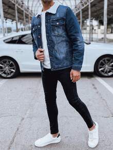 男士牛仔夾克，採用柔軟的人造毛皮保暖，經典剪裁，配有口袋和紐帶開合，時尚的秋冬季設計，舒適的牛仔夾克，適合日常造型，溫暖耐用，非常適合寒冷的日子 - 寶藍色 - 查看 2