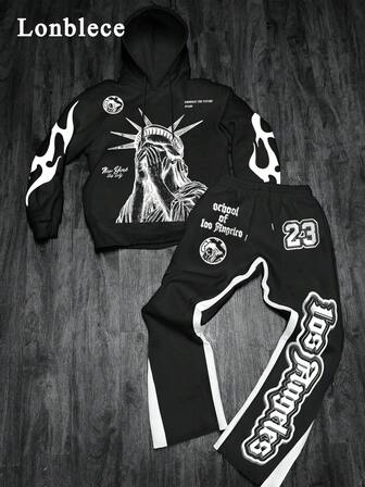 Lonblece 2 件秋冬男士街头风连帽衫和裤子套装，美国街头风格自由女神像和火焰印花，黑色连帽衫搭配撞色字母印花裤子，休闲百搭，适合年轻人