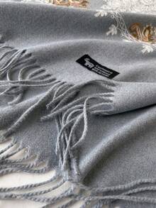 1pc Women's Autumn/Winter Faux Cashmere Embroidered Scarf, Thick Warm Tasseled Embroidered Bohemian Style Travel Shawl Poncho - Light Grey - View 4