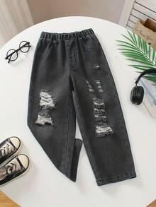 1pc Tween Boys' Casual Distressed Wide Leg Jeans, Street Style, Spring/Summer 2025 New Collection - Black - View 4