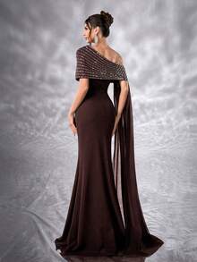 YISIKADO Women Elegant Ball Gown Rhinestone One Shoulder Shawl Sleeveless Formal Evening Dress Mermaid Fishtail Hem Prom Party Dress Elegant Wedding Guest Prom Party Banquet Dinner Graduation Adult Ceremony Celebration Concert Red Carpet Ceremonial Dress - 鏽棕色 - 查看 2