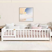 Twin Size Kids Montessori Floor Bed,Twin Floor Bed Frame With Slats And Bookcase,Solid Wood Montessori Bed For Girls Boys - Trắng + Gỗ Cao Su + Đôi-1 - Xem 3