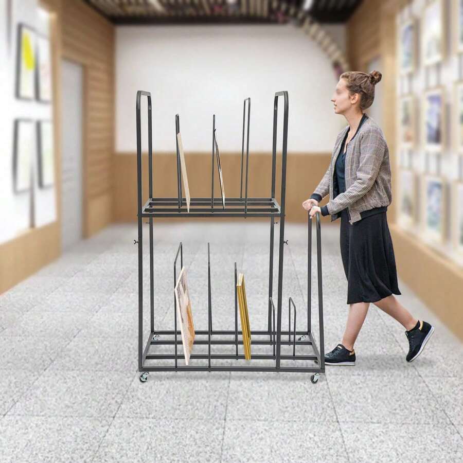 kangten Equipped With A Rolling Art Storage Rack, 2-Layer Metal Painting Board Storage Rack, Independent Art Canvas Storage Organizer, Modern Art Display Rack, Art And Collection Ventilation And Drying Rack Uphilltool Art Canvas Storage Rack, 2-Tier Painting Board Stand Art Drying Rack Art Easel Display Stands With Handrail And 4 Universal Wheels For Drawing Board, Panel, Paper Pad A Nice Gift - Black - View 1