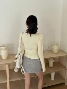 U-Neck Long Sleeve Fitted Sexy Minimalist T-Shirt Top For Women Valentine's Day, Winter/Spring - Yellow - View 7