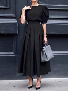 Women's Elegant Short Sleeve Top And Solid Color Skirt 2-Piece Set, Suitable For Elegant Daily Office, Airport Outfit In Summer Black - Black - View 5