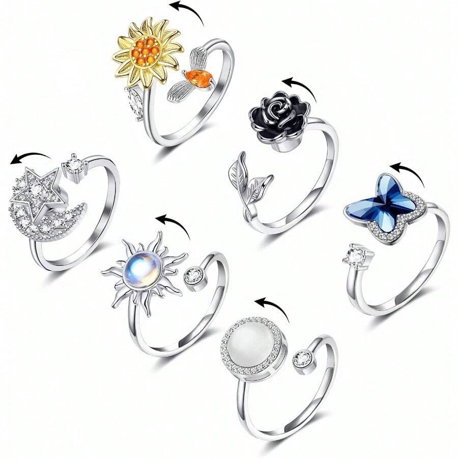 KOHOTA Fidget Rings For Women Spinner Ring For Anxiety Adjustable CZ Sunflower Butterfly Rose Star Moon Stress Relief Open Rings Set… - As Pic - View 1