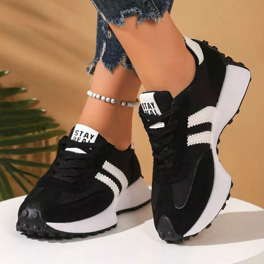 1 Pair Women's Casual Sneakers, 2025 New Arrivals, Hot Selling, Green Fashionable Thick-Soled Elevated Shoes, Versatile & Comfortable, Mustard Yellow, White, Black Color Options, Student Essential Sports Casual Shoes - 黑色 - 查看 1