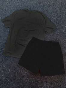 Men's Summer Short Sleeved Shorts Set 2-Piece, Spring And Autumn Style Short Sleeved T-Shirt+Shorts, Soft And Comfortable, Machine Washable, Dry Cleanable, High-Quality - Sight Sight - Printed Pattern Pullover+Pants,  Hip-Hop Style, Suitable For Holidays, Back To School, Streets, Outdoor Outings - 黑色 - 查看 2