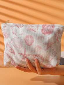 1 geantă de machiaj portabilă cu model de scoici și stele de mare, imprimare față-verso, geantă cosmetică cu fermoar de călătorie, organizator de articole de toaletă multifuncțional, decor de toamnă, decor de toamnă, decor de cameră