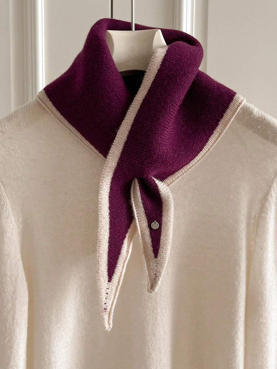 Korean Style Contrast Color Edge Criss-Cross Knitted Triangle Scarf, Women Neck Warmer Small Shawl Versatile Warm Shoulder Cape