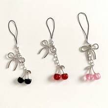 Ins Wind Cherry Bow Keychain, Pearl Bow Silver Peach Heart Shaped Girls Bag Pendant - 紅色掛繩 - 查看 7