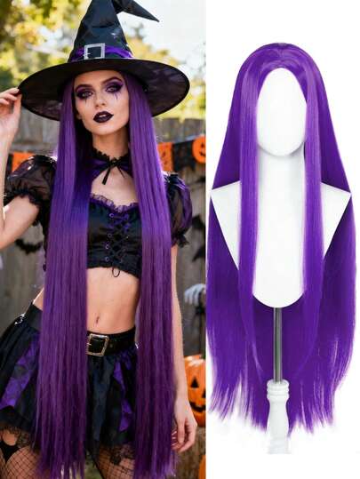 40 Inch Long Straight Purple Wig, Synthetic Heat-Resistant Hair, Suitable For Women's Role-Playing Halloween Parties