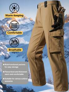 2Pcs Men's Tactical Jacket & Pants With Full-Length Zipper, Multi-Pocket Design Winter Outdoor Gear For Skiing, Camping, Hiking, Training - Machine Washable Winter Sports & Tactical Warm Fleece Jacket & Pants Set - Khaki - View 6