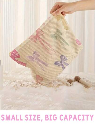 1pc Bow Decor Portable Cosmetic Bag, Zipper Travel Makeup Pouch, Multi-Functional Toiletry Organizer, Ideal Travel Companion, Best Gift For Bride Party And Bridesmaids, Cosmetic Bag, Makeup Storage Box, Jewelry Box, Mother's Day Gift