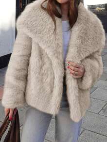 Women's Warm Faux Fur Oversized Coat Thick Shaggy Lapel Jackets Cozy Fuzzy Winter Outerwear 2025 - Khaki - View 2