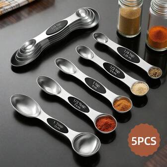 5pcs Graduated Measuring Spoon Set,Magnetic Measuring Spoons,Stainless Steel Measuring Spoon Set,Household Measuring Spoon Set,Magnetic Measuring Spoon Kit,For Measuring Dry And Liquid Ingredients,Nesting Design For Space,Convenient Storage,Sturdy ,Ideal Measuring Tools For Family, Kitchen, Baking, Coffee,Seasoning Powder, Mixed Oil And Coffee Powder,Kitchen Accessories, Kitchen Gadgets,Baking And Cooking Tools