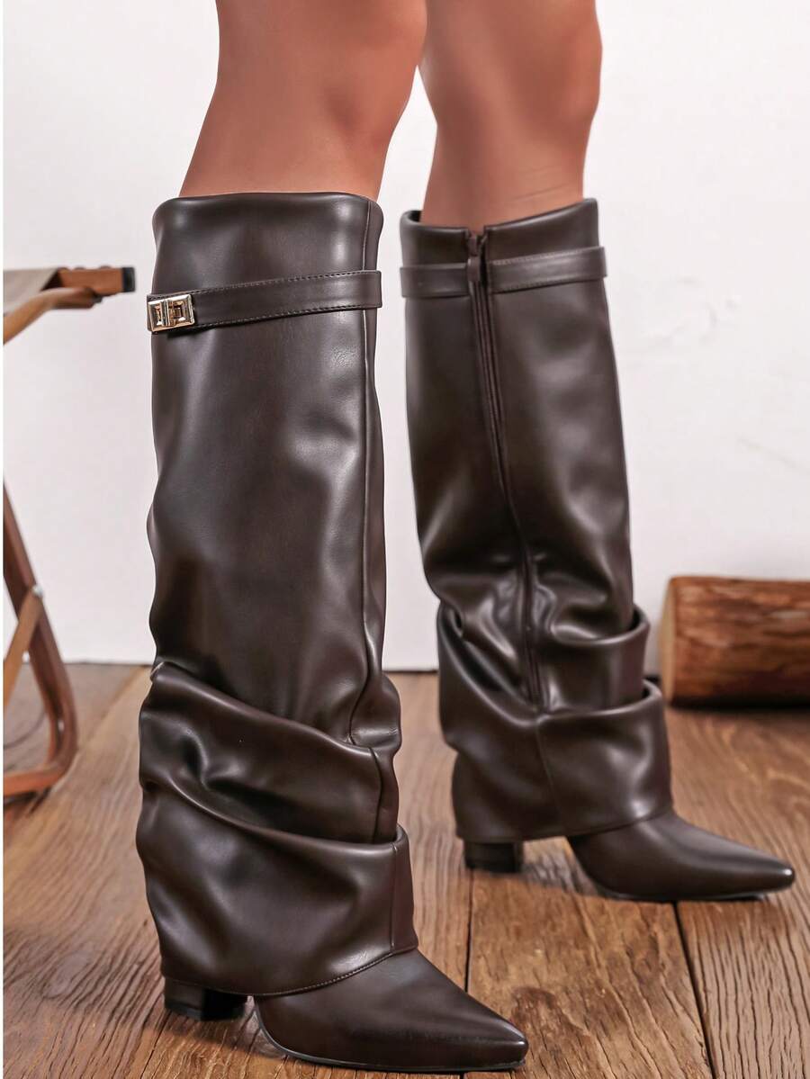 Slip-On Knee-High Boots With Chunky Heels, Minimalist And Versatile Pointed Toe, High Shaft, Women's Sexy Lady Rider Boots - Coklat - View 1