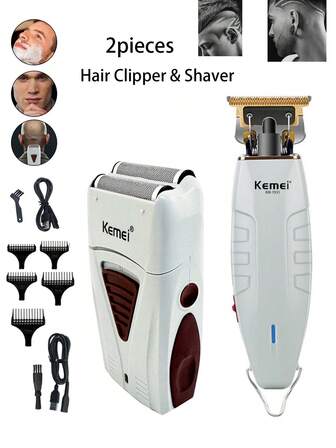 Kemei 2pieces Hair Clipper And Shaver Set KM-1931 And KM-3382 Electric Hair Trimmer For Men 0mm Gapped Carving Head Beard Shaving Machine Set Light Gray Color USB Rechargeable Daily Use