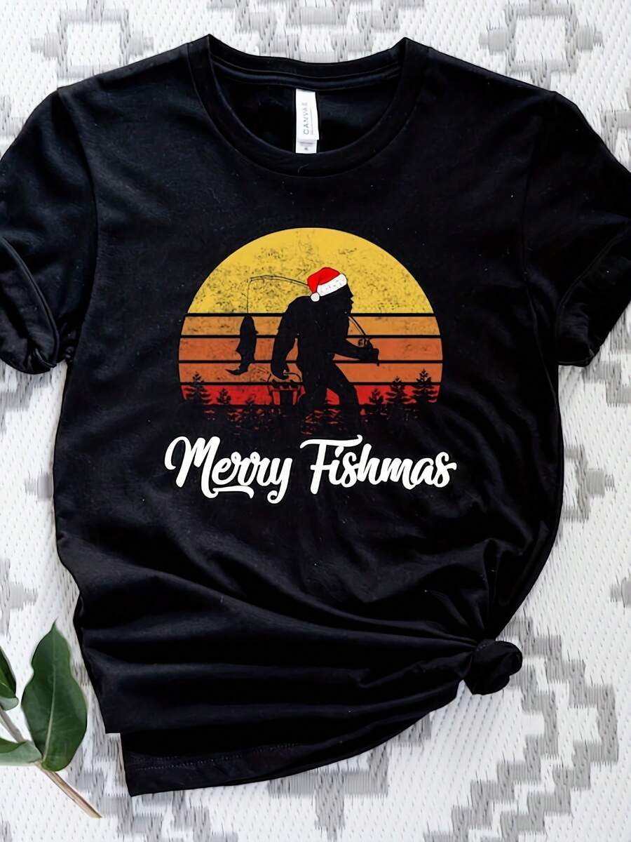 Merry Fishmas Bigfoot Cistmas T-Shirt Santa Hat Fishing Tee - 款式30 - 查看 1