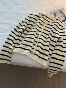 优雅条纹圆领针织开衫，百搭时尚休闲毛衣，女士复古夹克，秋季 - 黑與白 - 查看 3