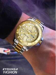 PROKING 1pc 40mm Men's Fashion Wrist Watch, Luxury Dual Calendar Quartz Watch, Business & Sport Style, Stainless Steel 304 Case, Stainless Steel Strap, 3ATM Waterproof, Luminous Display, Battery Powered, Suitable For Daily Decoration, Perfect Gift For Valentine's Day, Christmas, Father's Day - Gold - View 6