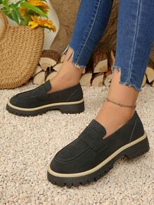 Preppy Style Black Loafers, Fashion Casual Shoes, Comfortable Round Toe Fuchsia Women's Shoes, Thick Sole Slip-On British Style Gray Dress Flats