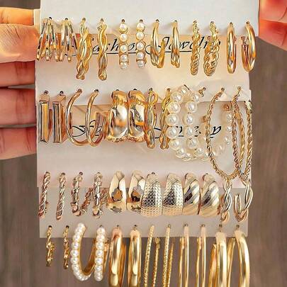 24pcs Bohemian Style Teenage Metal Earring Set, Including Faux Pearl Earrings And C-Shape Earrings, Suitable For Daily Wear, Parties And Holiday Gifts