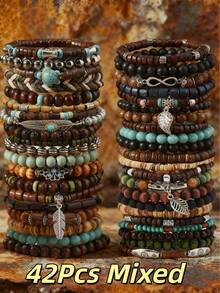 42 Pcs Boho Wooden Bead Bracelet Set, Stackable Stretch Mixed Color Handcrafted Bracelets With Turtle And Feather & Leaf Shaped Pendant, Holiday Couples Gift & All-Season Accessory - 彩色 - 查看 10
