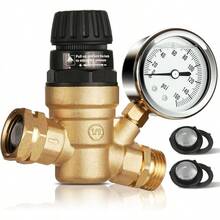 RV Water Pressure Regulator, Brass Lead-Free Adjustable Water Pressure Reducer With Gauge, Tool-Free Hand-Turn 0-160 PSI, 3/4" GHT For RV, Camper, Trailer, Garden Hose - ĐỒNG THAU03 - Xem 2