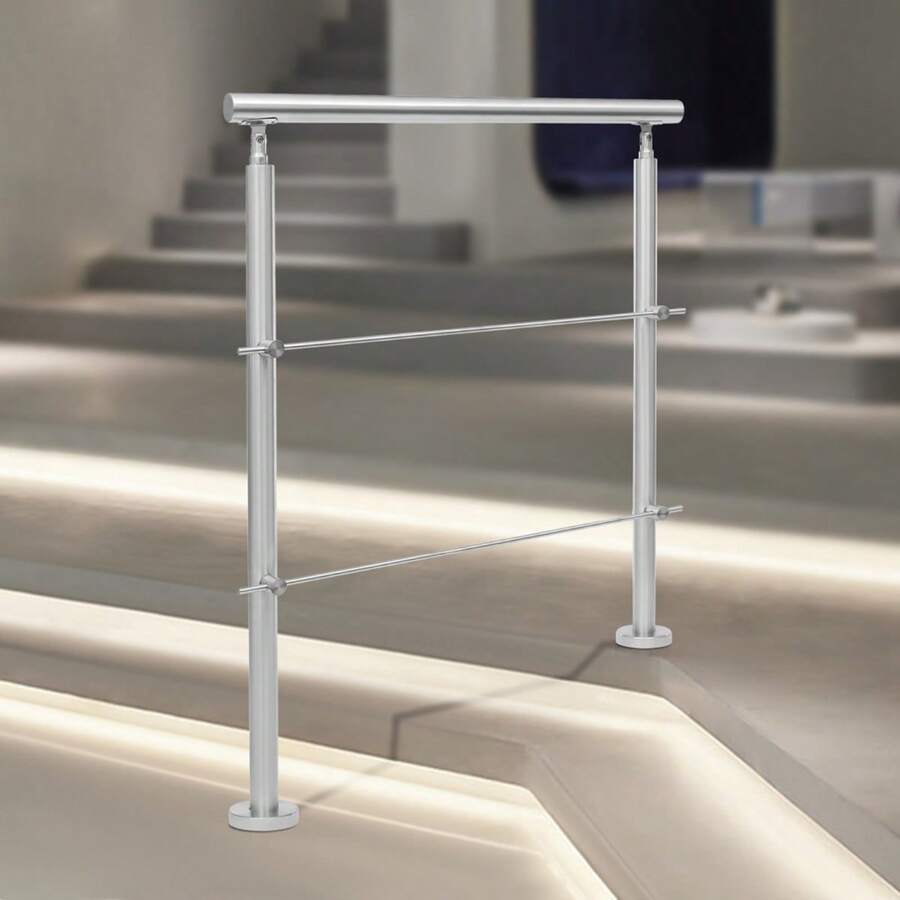 Silver 304 Stainless Steel Handrail Railing, Freestanding Staircase Railing – Wire Drawing Process Railing (1mm Thick/1.65in Diameter Tube), 176.37lbs Load W/2 Cross Bars & 2 Round Chassis, 0-90° Adjustable Angle Railing For Homes/Gardens/Hotels - Silver - View 1