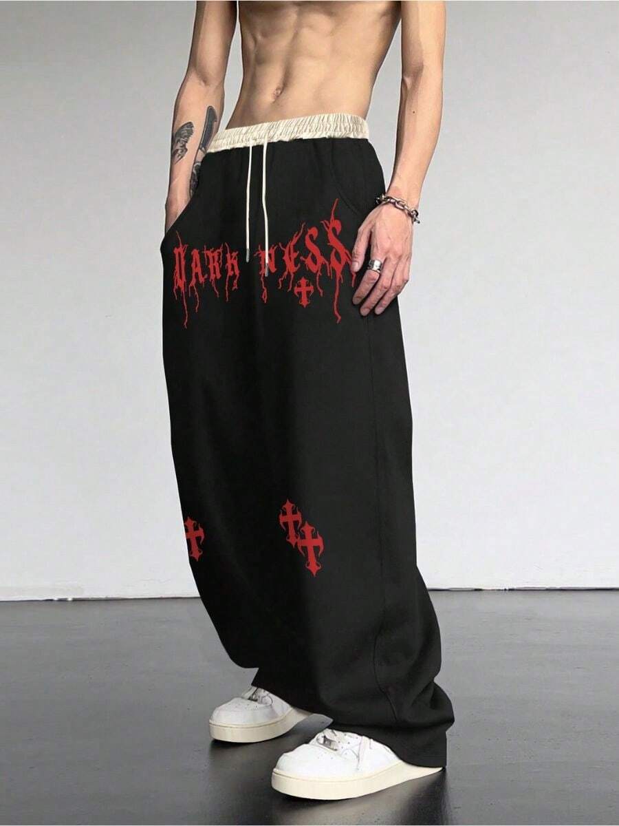 Pantalones casuales para hombre con estampado de letras cruzadas, estilo americano vintage - Rojo - Ver 1