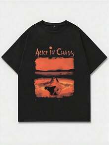 Alice In Chains Band Inspired Design,Casual Print,Comfortable And Versatile,Letter Pattern Pure Cotton 220g Printed T-Shirt,Unisex Style MUVE - 黑色 - 查看 6