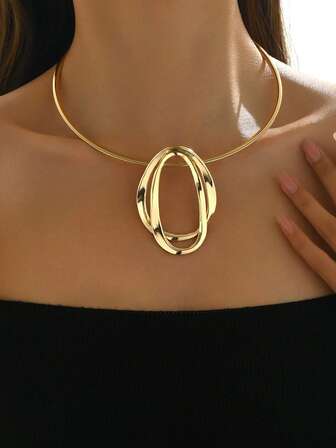 1pc Elegant Alloy Geometric Oval Necklace, Suitable For Formal Events And Everyday Wear
