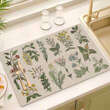 1 pieza Felpudo de secado de platos con estampado de hierbas, almohadilla absorbente para encimera de cocina, felpudo de goteo para tocador de baño, felpudo de drenaje de agua de silicona suave para grifos, posavasos de tocador, felpudo antisalpicaduras de inodoro, accesorios de cocina y baño - Multicolor - Ver 8