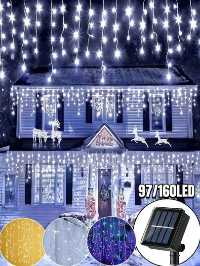 1串太阳能冰柱灯串，97/160颗LED灯珠，8种照明模式，IP65防水，户外太阳能帘灯，适用于房屋、花园、庭院、走廊、阳台、亭台楼阁等室内外装饰，非常适合圣诞节和万圣节装饰（暖白/白/彩色），户外太阳能花园灯