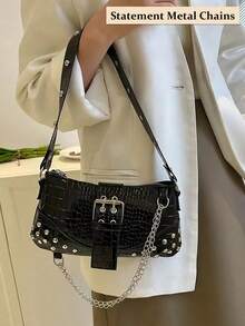 Vintage Punk Studded Underarm Bag For Women, Crocodile-Embossed PU Leather Purse With Metal Chain Decor - Solid Color Rivet Chain Shoulder Bag For Handheld & Shoulder Carry, Hot Girls Clutch Evening Bag Banquet Square Handbag & Satchel Purse For Wedding Party Prom, Women's Chain Decor Underarm Bag Casual Phone Coin Bags,Fashionable Niche Design, Steampunk, Goth,Bag For Women, Cool Girls Street Wear,Perfect For Music Festival, Concert, Rock Style Bag For Women For Evening Events, Concerts, Dates, Holds Phone, Lipstick, Keys In Edgy Gothic Style[US Local Warehouse] - 彩色 - 查看 7