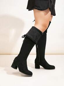 女士宽版冬靴，过膝靴，弹力靴，粗跟鞋，黑色靴子，防滑黑色高跟靴，宽筒靴