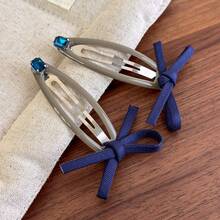 Korean Style Blue Bow Rhinestone Hair Clip, Cute Bangs Side Clip For Women, Autumn/Winter, Claw Clips