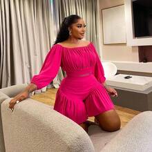Plus Size Women's Ruffled One-Shoulder Puff Sleeve Top & Shorts 2-Piece Set - Sweetheart Neckline Waist-Defining Casual Outfit Date, Vacation & Party,Plus Size Fall Clothes Women,Plus Size Women Clothes,Seven Colors Are Available Selection.Please Check Size Chart Before Purchasing. - 玫紅色 - 查看 3
