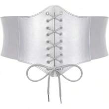 Black Corset Waist Belt Women, Wide Elastic Tie Waspie Belt Dresses, 4.7inch, Fashionable Waist Cincher - 銀色 - 查看 5