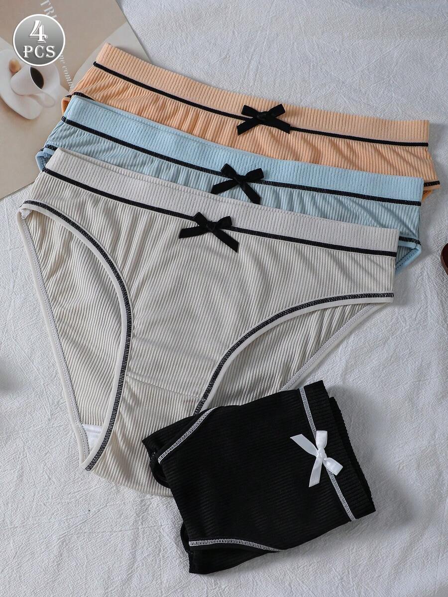 4pcs/Pack Ribbed Comfortable Cute Women's Panties - Multicolor - View 1