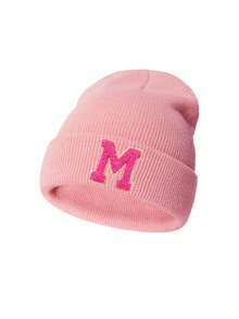 1 件儿童针织帽，26 个字母图案，纯色针织帽，女童儿童帽，户外保暖帽，秋冬 - 粉色 - 查看 8