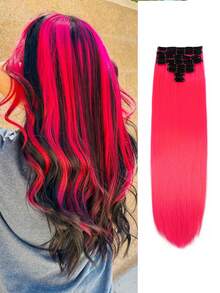 20 英寸夹式接发 18 个夹子深棕色金色粉色白色绿色蓝色玫瑰红色勃艮第酒红色多色 8 件套长直发接发适合女性全头合成接发适合女性日常节日派对和圣诞节音乐节狂欢节新年礼物使用 - 彩色 - 查看 13