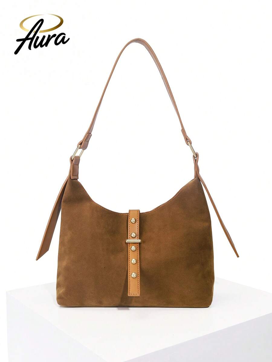 1 pieza Bolso de hombro de mujer de estilo retro de moda, bolso de hombro para ir al trabajo, diseño de hebilla y remache con correa para la cintura, bolso de hombro simple adecuado para reuniones diarias, ir al trabajo, citas, opción de regalo ideal