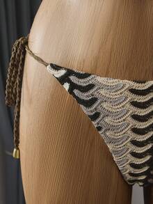 Bellisia Women All-Over Print Halter Twist Front Split Bikini Set For Summer Beach Vacation - Brown - View 2