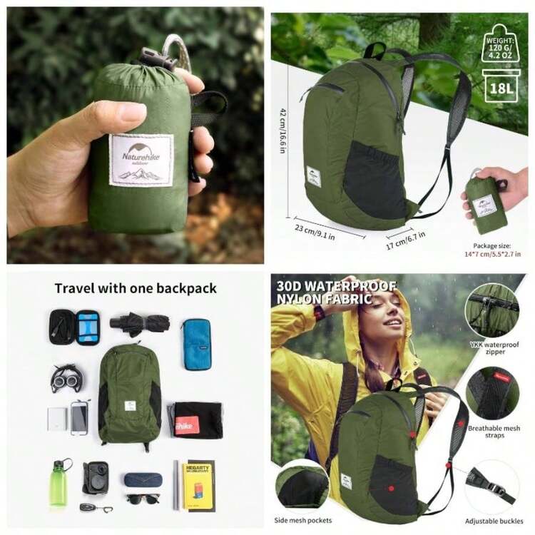 Ultraligera Mochila Plegable 18L Pequea Mochila de Senderismo para Mujeres Hombres Impermeable Mochila para Escalar Camping Ciclismo Bicicleta de Viaje de Negocios - 18L Verde - Añade 1