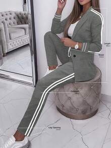 女式休闲运动侧条纹夹克和裤子套装 - 深灰色 - 查看 5