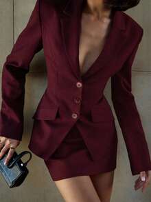 1 Bộ trang phục công sở 2 món cài nút thanh lịch màu trơn dành cho nữ, Xuân/Thu - Đỏ - Xem 3
