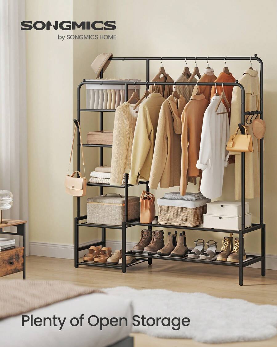 Clothes Rack, Open Waedrobe, Metal Coat Rack With 7 Shelves, Hanging Rods, For Bedroom, Living Room, Hallway, Black HSR182B01 - Black - View 1